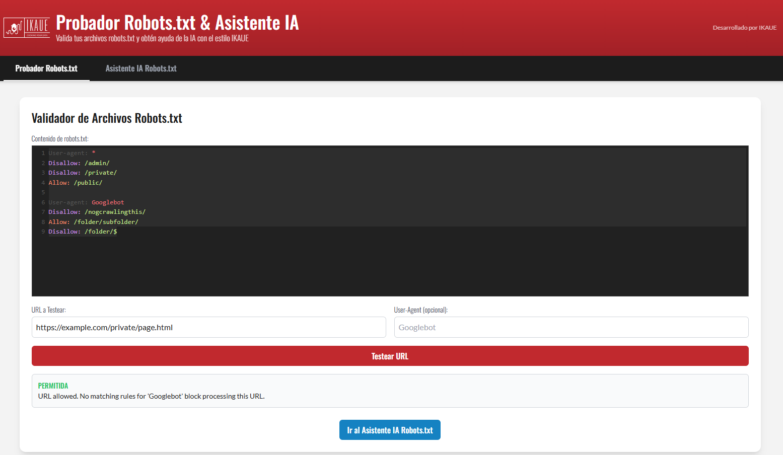 Probador Robots.txt & Asistente IA